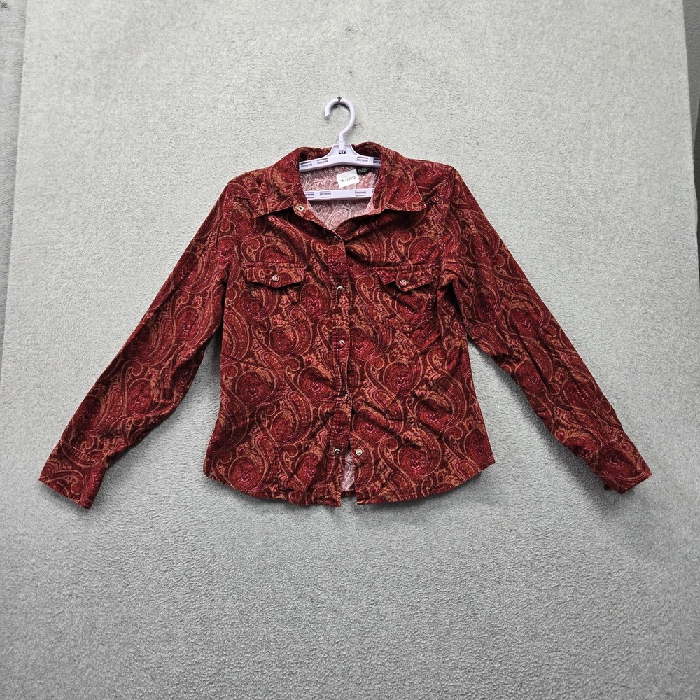 VINTAGE Arizona Women Button Up Shirt L Red Paisley Western Pearl Snap Corduroy